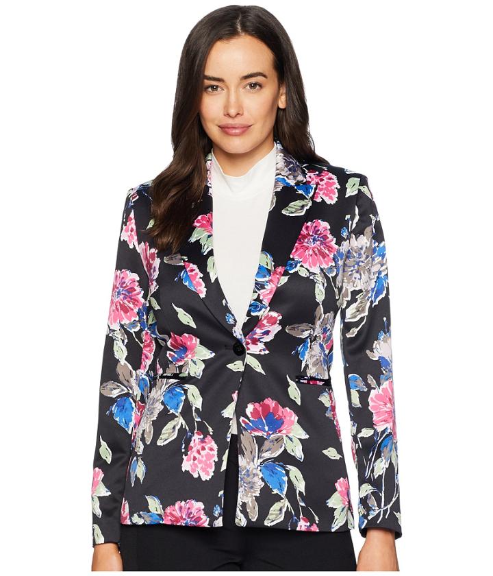 Tahari By Asl One-button Printed Satin Floral Jacket (black/fuchsia/blue) Women's Coat