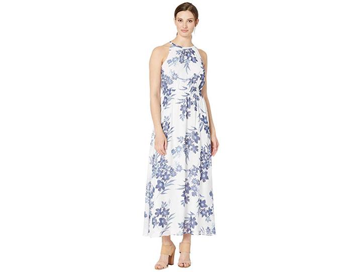 Nine West Smocked Halter Neckline Maxi Dress (ivory/admiral Multi) Women's Dress