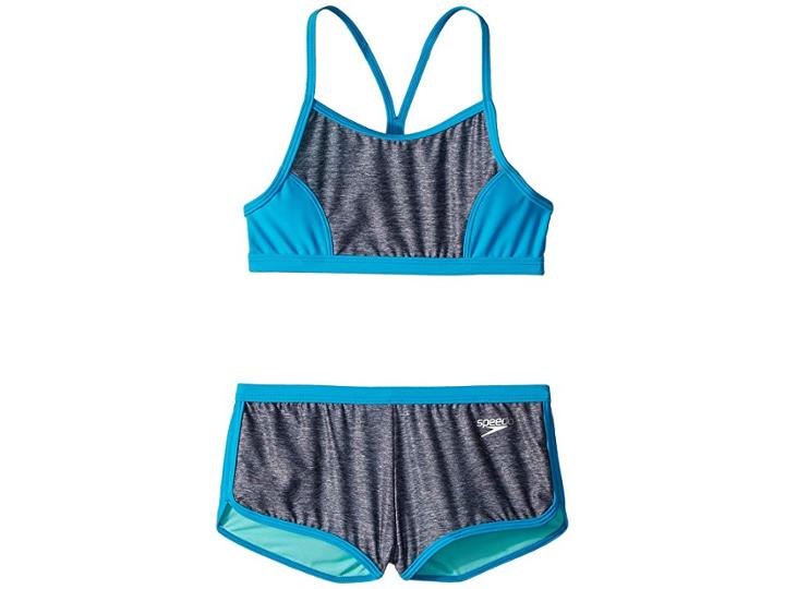 Speedo Kids Heather Splice Boyshorts Two-piece Swimsuit Set (big Kids) (heather Grey) Girl's Swimwear Sets