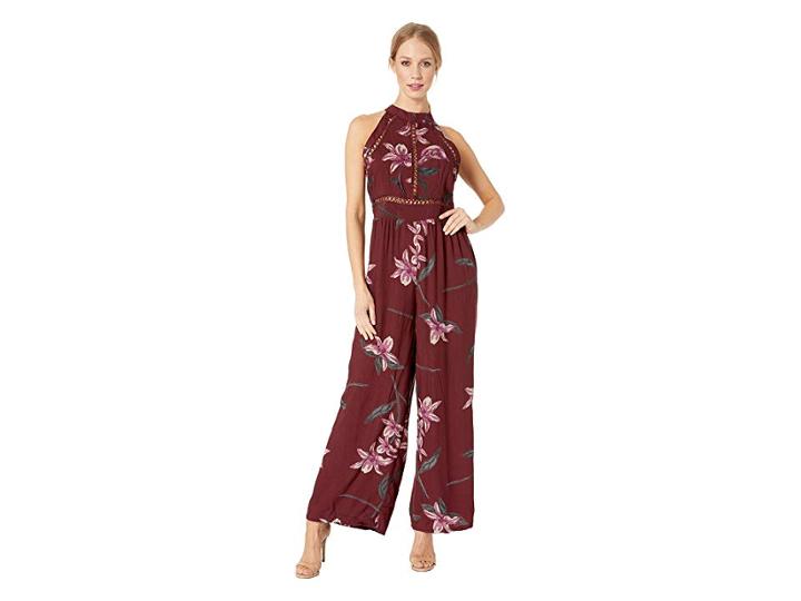 Angie Floral Halter Jumpsuit (wine) Women's Jumpsuit & Rompers One Piece
