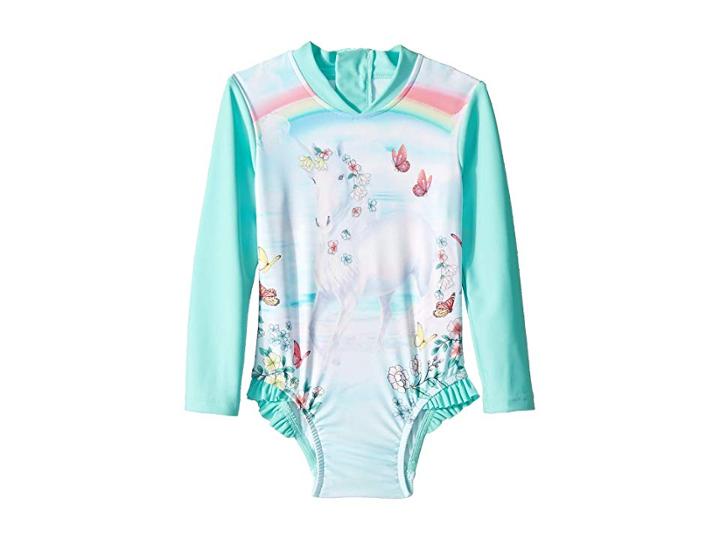 Seafolly Kids Mystical Garden Unicorn Long Sleeve Surf Tank One-piece (infant/toddler/little Kids) (emerald Blue) Girl's Swimsuits One Piece