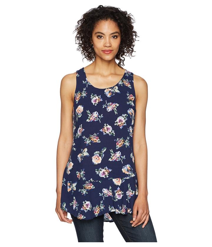 Mod-o-doc Printed Rayon Woven Scoop Neck Tank Top W/ Flounce Hem (navy Floral) Women's Sleeveless