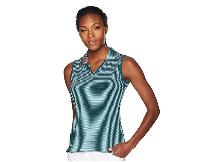 Adidas Golf Ultimate 365 Stripe Sleeveless Polo (mystery Green) Women's Clothing