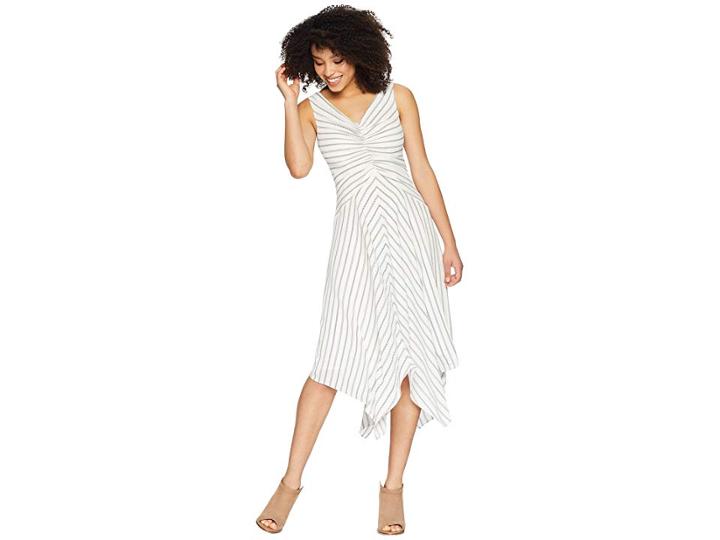 Maggy London Rope Stripe Printed Crepe Tuck Front Dress With Asymmetrical Hem (soft White/black) Women's Dress