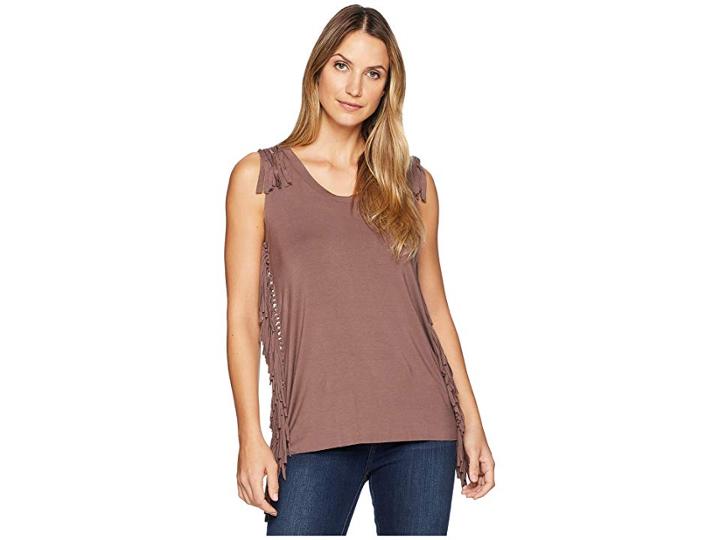 Wrangler Short Sleeve Knit Fringe Tank Top (peppercorn) Women's Clothing