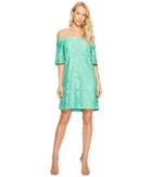 Donna Morgan Off The Shoulder Short Sleeve Knit Lace Shift Dress (field Green) Women's Dress