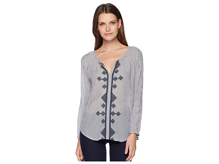 Dylan By True Grit Embroidered Indigo Stripe Long Sleeve Top (indigo/navy) Women's Clothing