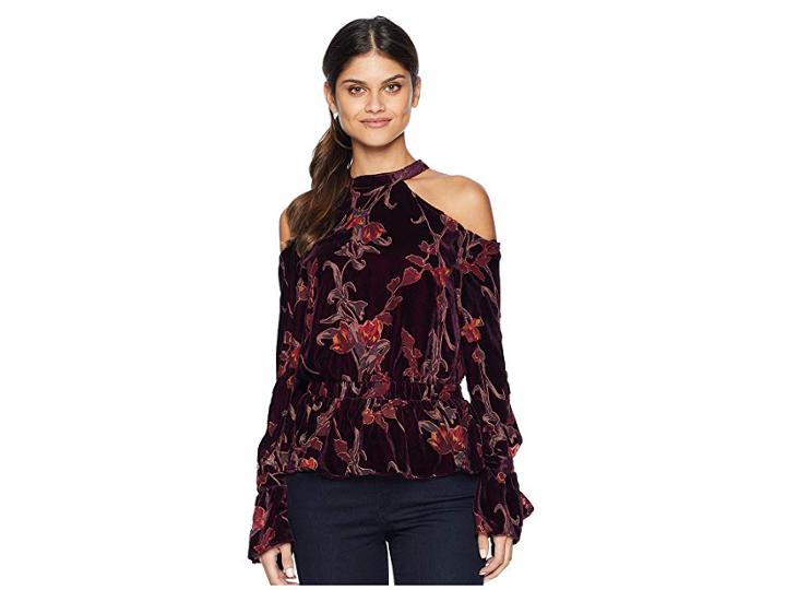 J.o.a. Velvet Cold Shoulder Top (wine Multi) Women's Clothing