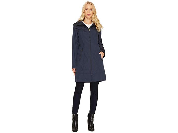 Cole Haan 36 Single Breasted Rain Jacket With Packable Hood (indigo) Women's Coat