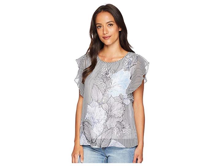Vince Camuto Flutter Sleeve Etched Island Floral Blouse (rich Black) Women's Blouse