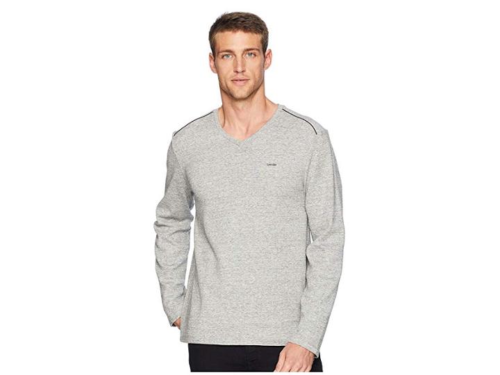 Calvin Klein Long Sleeve Fabric Blocked V-neck (wolf Grey Heather) Men's Clothing