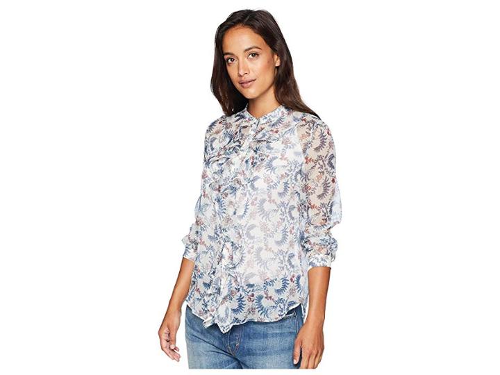 Vince Camuto Specialty Size Petite Long Sleeve Ruffle Front Boutique Floral Blouse (antique White) Women's Blouse