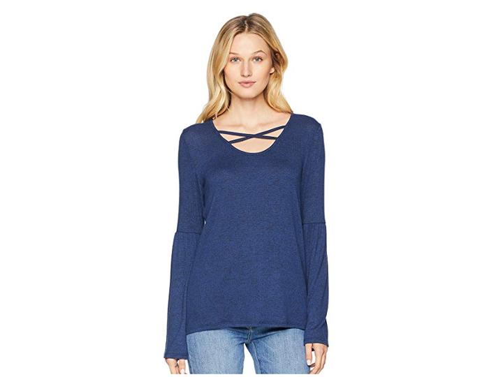 Tribal Long Sleeve Scoop Neck Top With Cross Detail (marine) Women's Long Sleeve Pullover