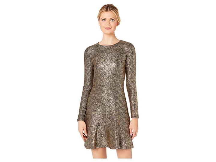 Michael Michael Kors Foil Knit Long Sleeve Flounce Dress (black/gold) Women's Dress