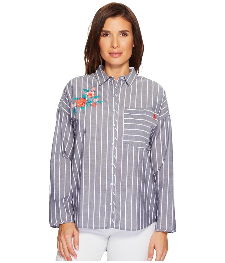 U.s. Polo Assn. Embroidered Stripe Blouse (evening Blue) Women's Blouse
