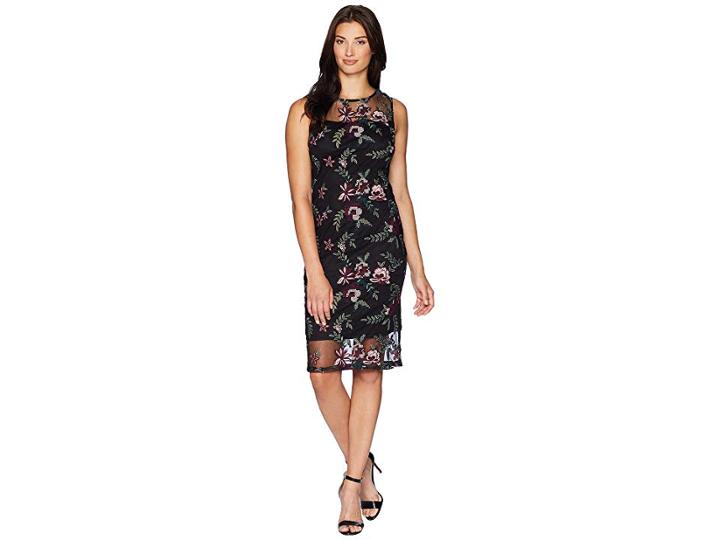 Calvin Klein Embroidered Dress With Illusion Yoke Cd8lb4cy (black/rosewood Multi) Women's Dress