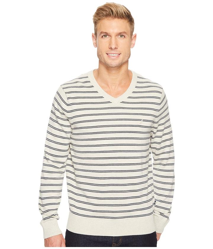 Nautica 12 Gauge Striped V-neck (oatmeal Heather) Men's Sweater