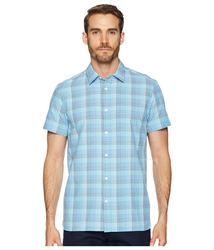 Calvin Klein Short Sleeve Stretch Seersucker Plaid Shirt (blue Topaz) Men's Clothing