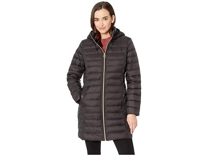 Michael Michael Kors Zip Front 3/4 Packable With Hood M823687g32 (black) Women's Coat