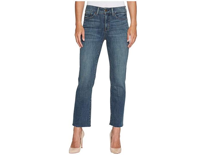 Nydj Marilyn Straight Ankle Jeans W/ Raw Hem In Crosshatch Denim In Desert Gold (desert Gold) Women's Jeans