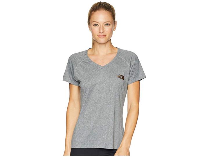 The North Face Short Sleeve Reaxion V-neck Tee (tnf Medium Grey Heather/metallic Copper) Women's T Shirt