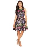 Tahari By Asl Petite Metallic Floral Fit And Flare Dress (navy/pink/emerald) Women's Dress