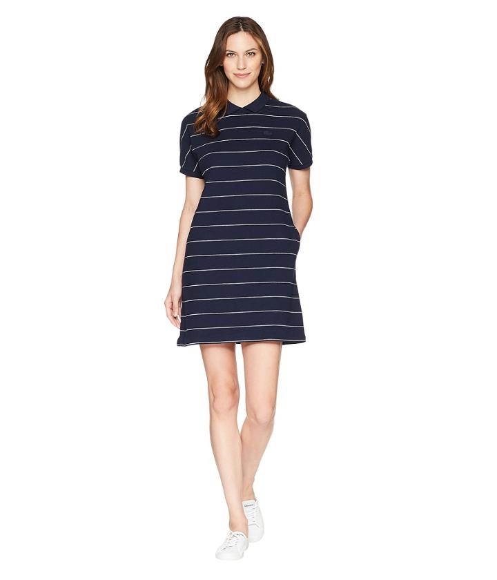 Lacoste Short Sleeve Mini Waffle Cotton Clear Lines Polo Dress (navy Blue/vanilla Plant) Women's Dress