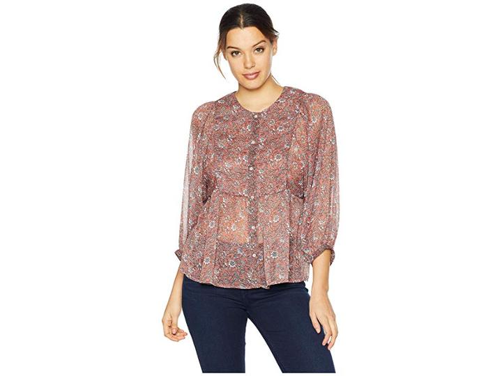 Lucky Brand Floral Printed Peasant Top (pink Multi) Women's Clothing