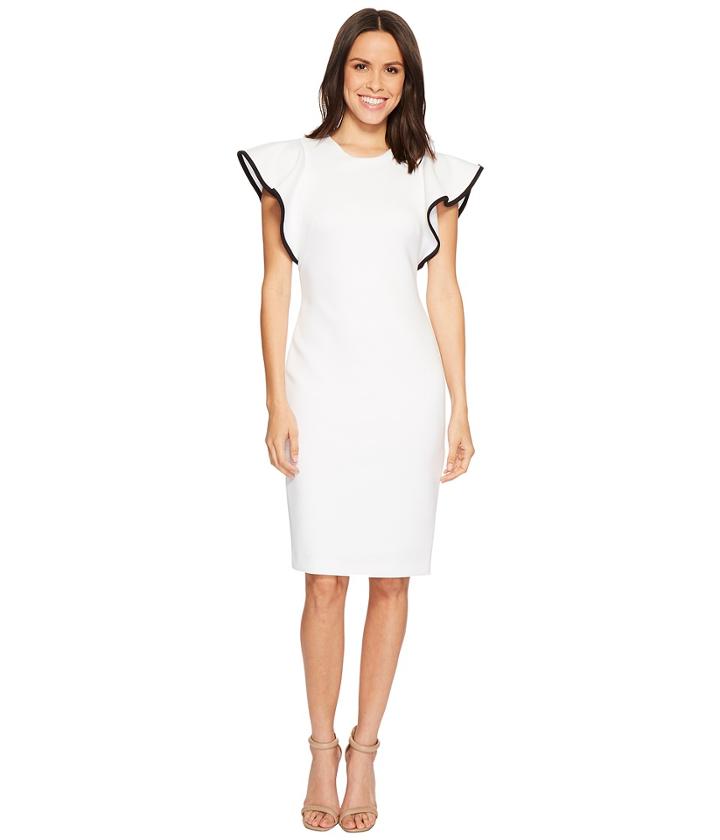 Calvin Klein Ruffle Sleeve With Piping Scuba Sheath Dress Cd8m16gz (white/black) Women's Dress