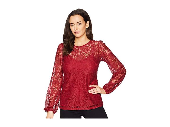 Michael Michael Kors Lace Waist Long Sleeve Top (maroon) Women's Clothing