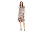 Eci Cap Sleeve Menswear Floral Foil Printed Ruffle Hem Sheath (grey/pink) Women's Dress