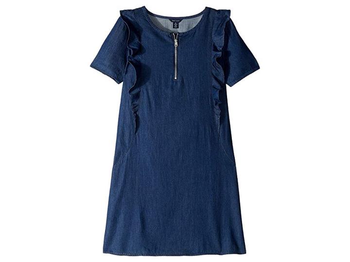 Tommy Hilfiger Kids Short Sleeve Ruffle Denim Shift Dress (big Kids) (madison Wash) Girl's Dress