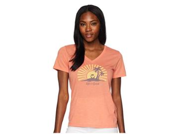Life Is Good Sunset Chill Cool Vee Tee (fresh Coral) Women's T Shirt