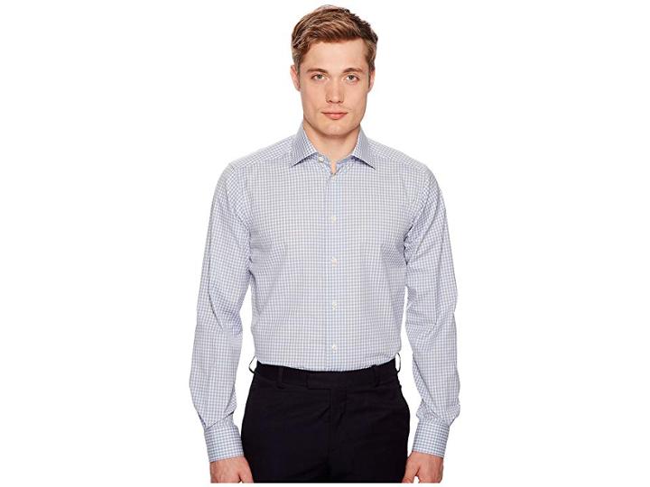 Eton Contemporary Fit Light Plaid Shirt (light Blue) Men's Long Sleeve Button Up