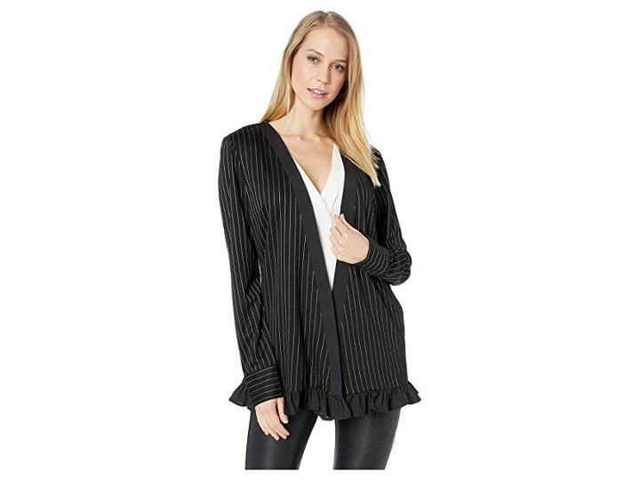 Bcbgeneration Pinstripe Surplice Ruffle Blazer (black/combo) Women's Jacket