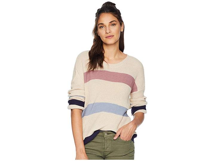 Pink Rose Scoop Neck Drop Shoulder Long Sleeve Meet And Greet Pullover Sweater W/ Stripes (oatmeal Combo) Women's Sweater