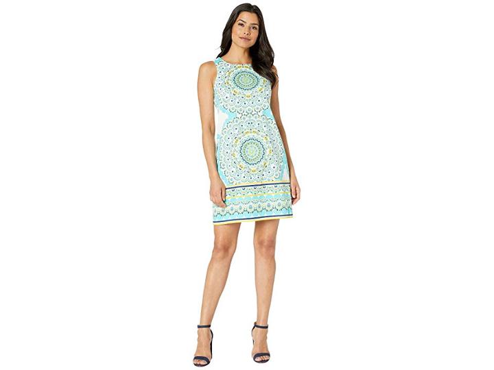 London Times Mega Medallion Cotton Shift (white/aqua) Women's Dress