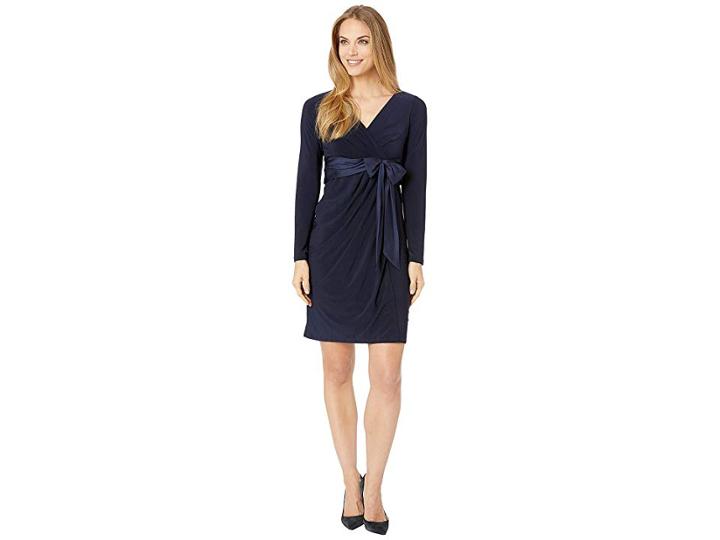 Chaps Surplice Satin Sash Evening Dress (capri Navy) Women's Dress