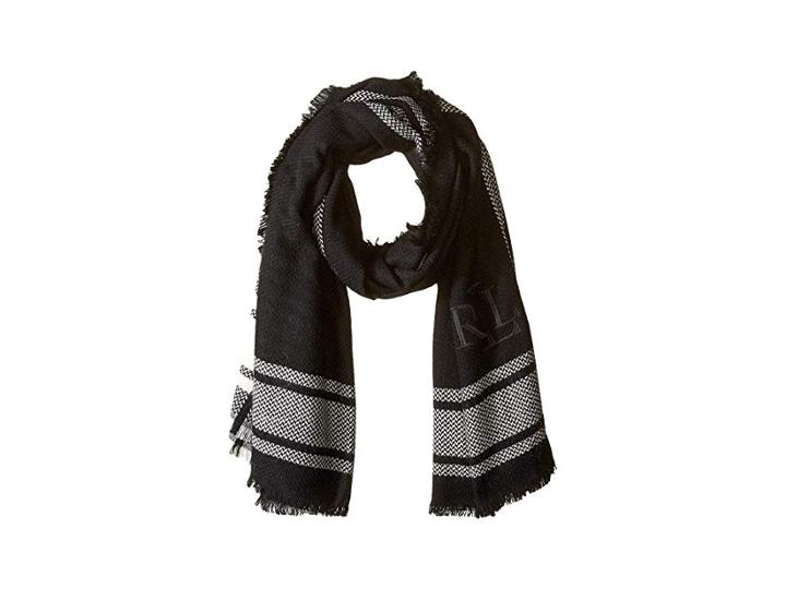 Lauren Ralph Lauren Monogrammed Border Plaid Blanket Wrap (black/ivory) Scarves
