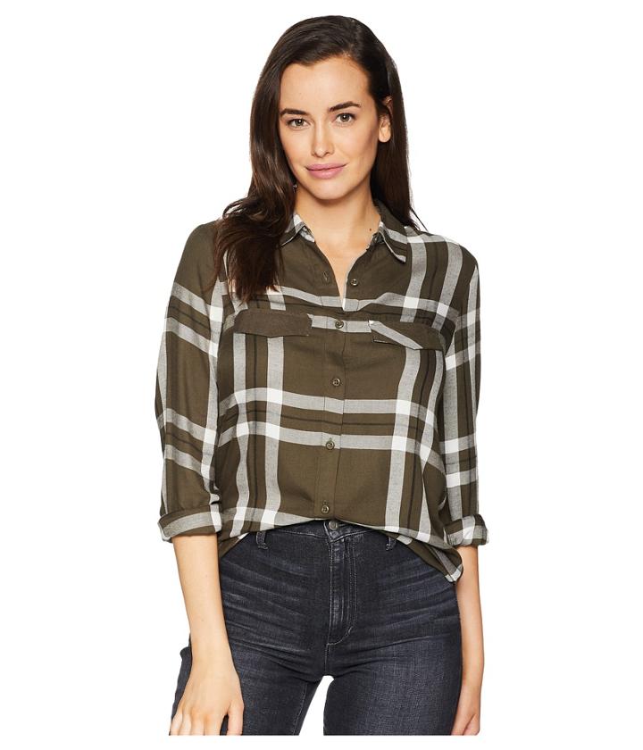 Alexander Jordan Long Sleeve 2 Flap Pocket Plald Button Down Shirt (olive/white) Women's Clothing