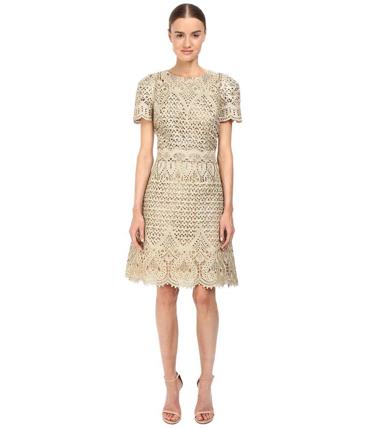 Marchesa Ornate Laser-cut And Threadwork Brocade Cocktail With Cap Sleeves (gold) Women's Dress