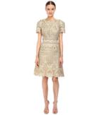 Marchesa Ornate Laser-cut And Threadwork Brocade Cocktail With Cap Sleeves (gold) Women's Dress