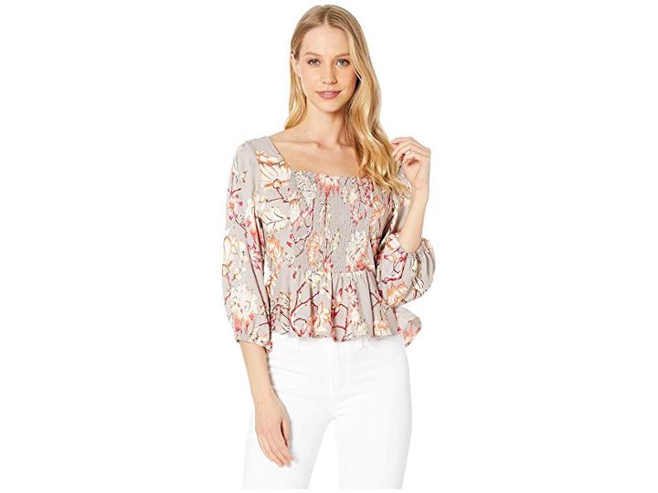 Angie Woven Stripe Smocked Front Full Sleeve Peplum Top (cloud) Women's Clothing