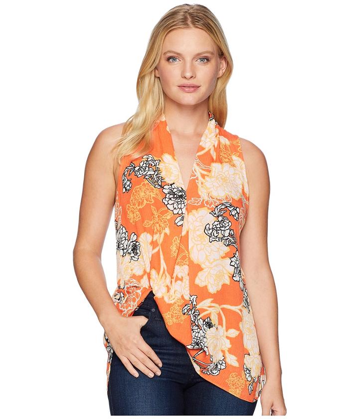 Eci Sleeveless Printed Floral V-neck Top (orange) Women's Clothing
