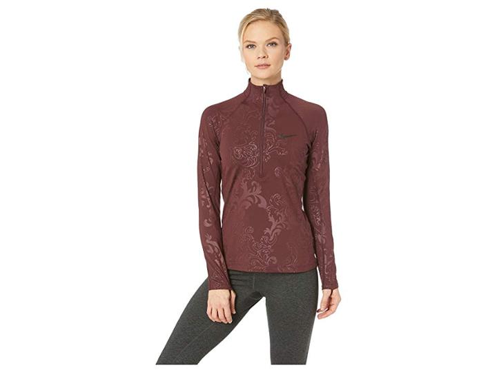 Nike Pro Top Long Sleeve 1/2 Zip Royal Print (burgundy Crush/black) Women's Workout