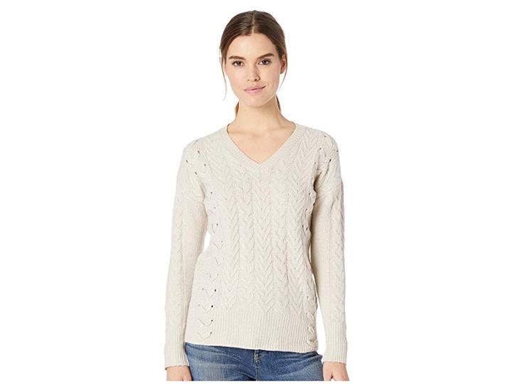 Pink Rose Long Sleeve V-neck Pullover Cable Sweater W/ Lace-up Side (heather Oatmeal) Women's Sweater