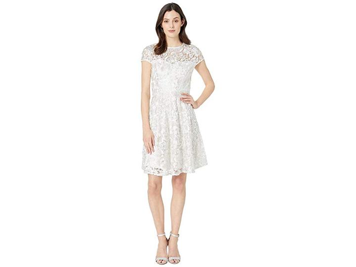 Marina Metallic Lace Cap Sleeve Fit Flare (ivory) Women's Clothing