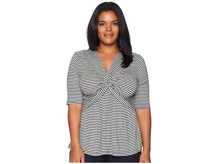 Kiyonna Caycee Twist Top (onyx/charcoal Stripe) Women's Short Sleeve Pullover