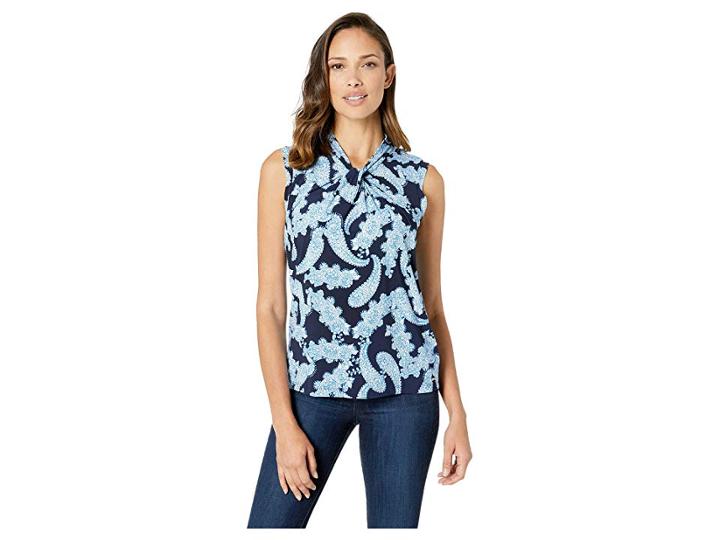 Tommy Hilfiger Printed Knot Neck Knit Top (blueberry Multi) Women's Clothing