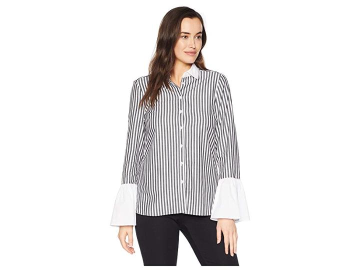 Eci Long Flounced Sleeve Button Down Shirt (black/white) Women's Long Sleeve Button Up